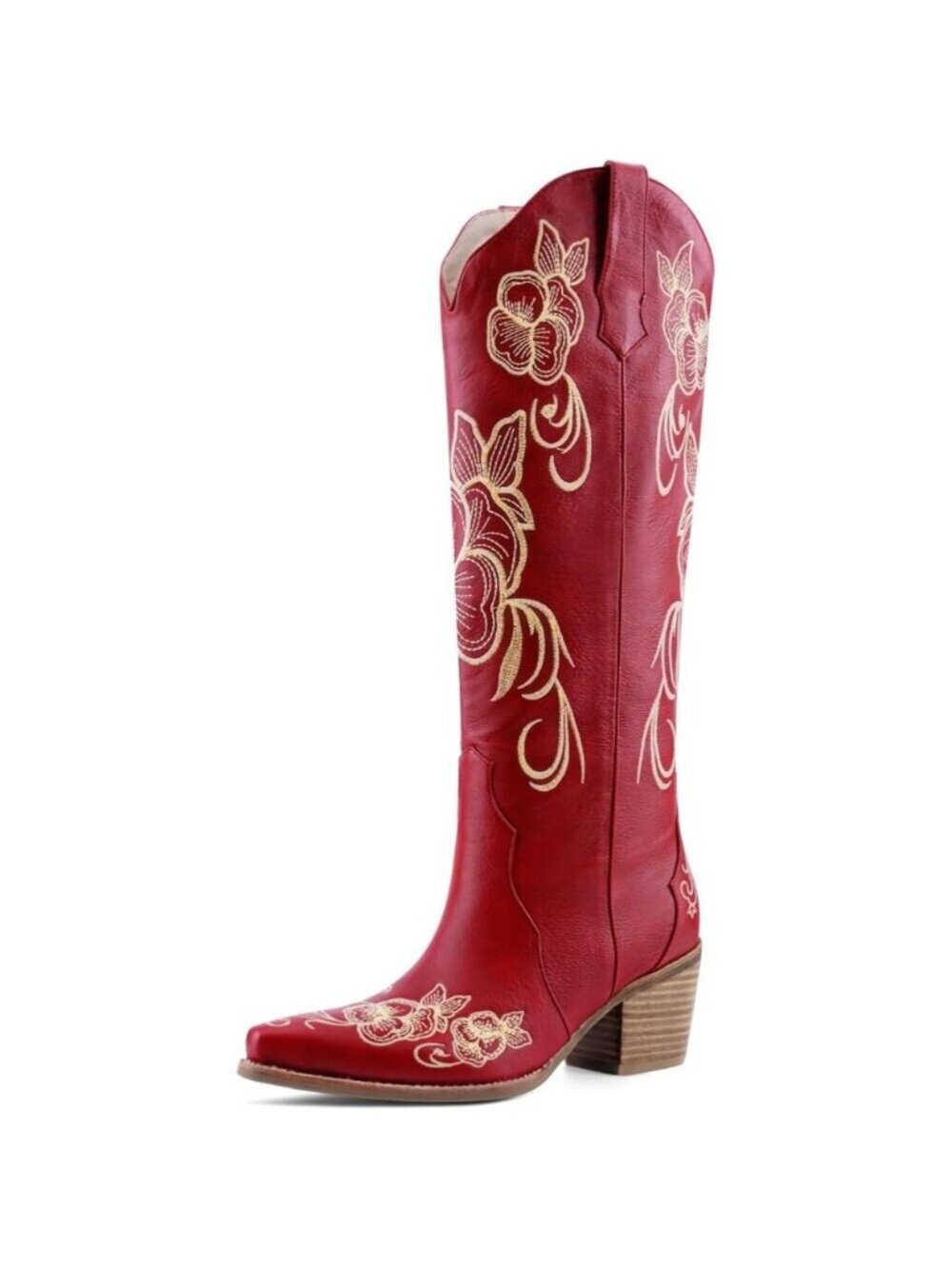 Women's Red Knee High Cowgirl Western Boots Pointed Toe Chunky Block Heel